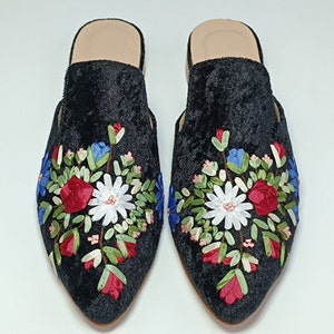 Silk Ribbon Embroidered Mules, Women velvet Mules, Handcrafted Mules, Pointy Toe Mules, Hand Embroidered Mules