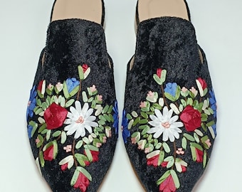 Silk Ribbon Embroidered Velvet Mules: Handcrafted Pointy Toe Shoes