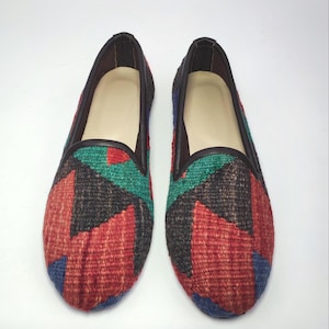 38EU/8US/6UK Women Original Kilim shoes, Women Handwoven vintage Kilim Shoes, One of a Kind Kilim Loafer, Kilim shoes with leather trim