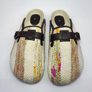 45EU/ 12US/ 11UK Men kilim Clogs, Handwoven Vintage Kilim Clogs with leather trim, light weight foam sole, One of a Kind Kilim Clogs