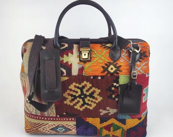 Patchwork Vintage Kilim Duffel Bag, Handwoven Turkish Rug & Leather Weekender