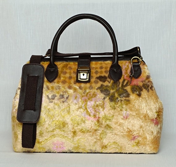 Vintage Turkish Velvet Tote Bag: Handmade Leather Trim Purse