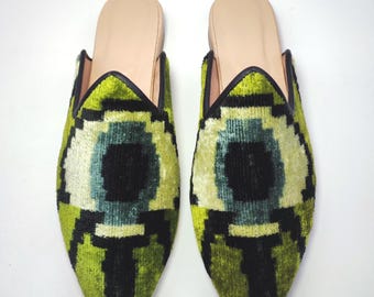 Handwoven İkat velvet Mules 38EU(8US), Leather Sole Mules, Women Slipper, İkat shoes, Fashion fınds, İkat Velvet