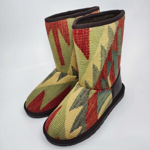 38EU(8US)Women leather Trim Half kilim Boots, Handwoven Kilim Boots, Rubber sole Kilim Boots, One of a Kind Kilim Boots, Comfy Boots