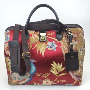 Handcrafted Peacock pattern Weekender, Duffel bag with leather trim, overnight bag