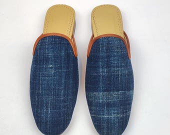 39 EU/ 9 US/ 7 UK vintage indigo mules, One of a kind shoes, Handcrafted Slides