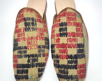 45 EU/ 12 US/ 11 UK Men's Kilim Mules: Vintage Turkish Hand-Knotted Leather Slippers