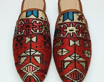 40 EU/ 10 US/ 8 UK Handmade Sumak Kilim Mules: Boho Damen Hausschuhe