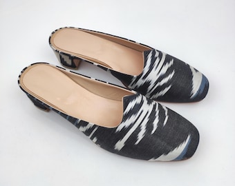 41 EU/ 11 US/ 9 UK Handwoven Silk Ikat Mules: Bohemian Heeled Shoes