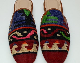 Women's Carpet Mules 42EU(12US), Traditional Vintage Kilim Rug Slipper, Handmade Loafer, One of a kind Mules, Unigue shoes, Stylish find