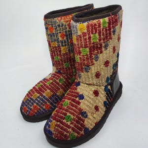 38EU(8US)Women leather Trim Half kilim Boots, Handwoven Kilim Boots, Rubber sole Kilim Boots, One of a Kind Kilim Boots, Comfy Boots
