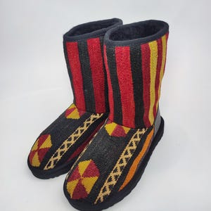 37EU(7US)Women leather Trim Half kilim Boots, Handwoven Kilim Boots, Rubber sole Kilim Boots, One of a Kind Kilim Boots, Comfy Boots