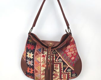 Vintage Kilim Hobo Bag: Handcrafted Leather Trim Shoulder Bag