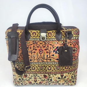 Handcrafted Vintage Turkish Carpet Weekender Bag with Leather Trim