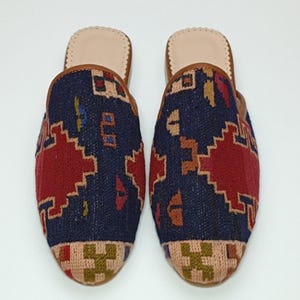 Women&#39;s Sumak Kilim Mules 41EU(11US), Handmade Kilim Mules For Women, Tribal Shoes, one of a kind Slipper, Vintage Carpet Slides, Mules