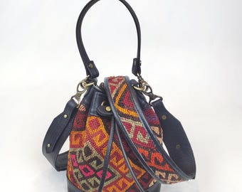 Vintage Kilim Bucket Bag: Handcrafted Rug Bag with Leather Trim