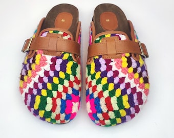 39 EU/ 9 US/ 7 UK Hand-Knitted Crochet Clogs: Women's Boho Slippers with Leather Trim