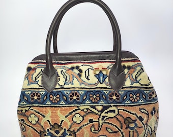 Vintage Turkish Kilim Carpet Bag: Handcrafted Leather Top Handle Purse