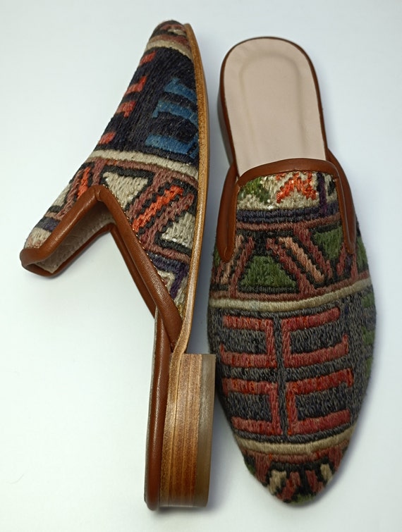 Women Sumak Kilim Mules 36EU 6US Sumak Kilim pointy toe mules One of a kind Slipper Kilim shoes Bohemian Style Leather sole Mules