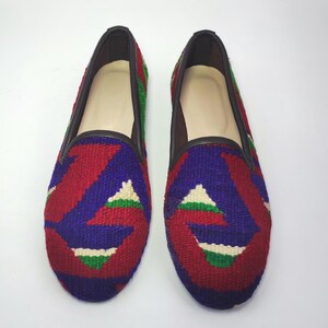38EU/8US/6UK Women Original Kilim shoes, Women Handwoven vintage Kilim Shoes, One of a Kind Kilim Loafer, Kilim shoes with leather trim