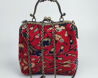 Handknotted Vintage Rug Kiss Lock Bag: Boho Top Handle Handbag, Crossbody Bag