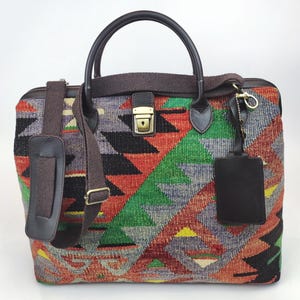 Original Kilim Weekender, Vintage handwoven Kilim Duffel Bag, One of a kind Weekender, Weekender with supple Cow Leather, Boho weekender