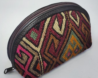 Handcrafted Kilim Makeup Bag, Leather Trim, Vintage Turkish Rug