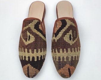 Mules Kilim tejidas a mano: zapatillas de estilo turco vintage, talla 37 UE/7 EE. UU./5 Reino Unido