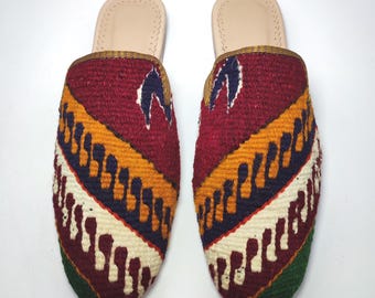 40 EU/ 10 US/ 8 UK Handcrafted Kilim Mules: Women's Vintage Turkish Rug Slides