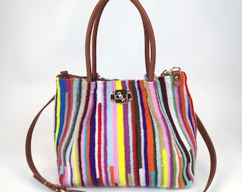 Hand Knitted Crochet Shoulder Bag: Leather Trim & Brass Details