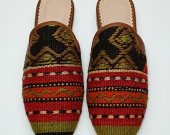 Women's Ethnic Kilim Rug Mules 37EU(7US), handcrafted Carpet Slipper, İndoor ourdoor Slipper, Barefoot Vintage carpet Slipper, Boho Style