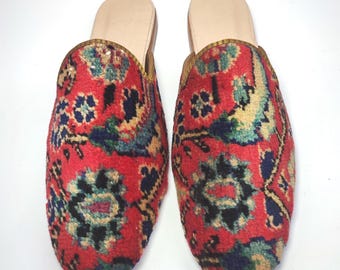 Hand-Knotted Kilim Mules: Vintage Turkish Carpet Slippers, Leather Sole