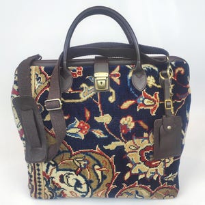 Handknotted Vintage Turkish Carpet Weekender Bag with Leather Trim
