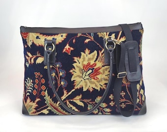 Handknotted Turkish Carpet Weekender Bag: Vintage Leather Travel Bag