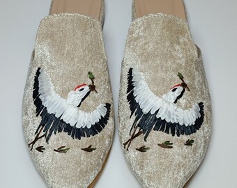 Hand Embroidered Velvet Mules, Silk Ribbon Crane Design, EU40/US10