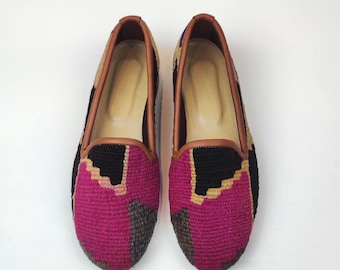 Mocasines Kilim turcos vintage, talla 38 UE/8 EE. UU./6 Reino Unido: zapatos de mujer tejidos a mano