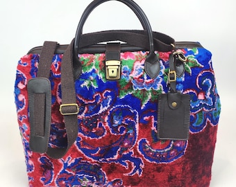 Vintage Turkish Velvet Weekender Bag: Leather Trim, Handcrafted Overnight Duffel