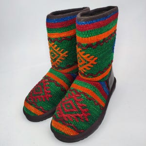 38EU(8US)Women leather Trim Half kilim Boots, Handwoven Kilim Boots, Rubber sole Kilim Boots, One of a Kind Kilim Boots, Comfy Boots