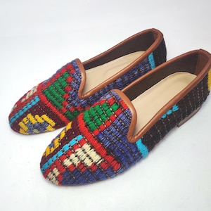 40EU(10US) Women Kilim shoes for slightly wider feet, Women Handwoven vintage Kilim Shoes, Leather Sole Vintage Kilim Loafer