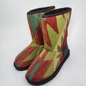 38EU(8US)Women leather Trim Half kilim Boots, Handwoven Kilim Boots, Rubber sole Kilim Boots, One of a Kind Kilim Boots, Comfy Boots