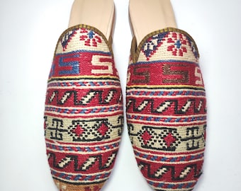 43 EU / 10 US / 9 UK Vintage Kilim Herren Hausschuhe: Handgefertigte türkische Herren Pantoletten