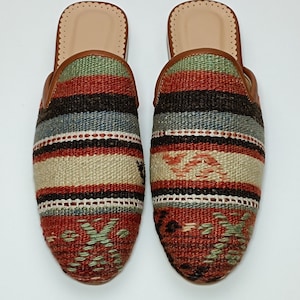 Women&#39;s Kilim Mules 40EU(10US), Handwoven Turkish Kilim rug slipper, carpet Shoes, Handmade Shoes, Ethnic shoes, Western Loafer