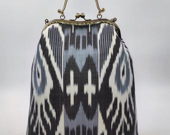 XL Handwoven Silk Ikat Kiss Lock Bag: Top Handle Evening Bag