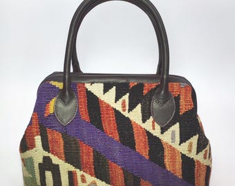 Handwoven Kilim Top Handle Bag: Vintage Turkish Carpet Purse