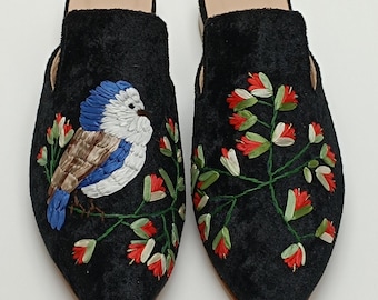 Women Silk Ribbon Embroidered Mules, Women&#39;s Embroidered slipper, Colorfull Slides, Ribbon embroidery