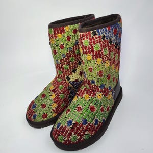 38EU(8US)Women leather Trim Half kilim Boots, Handwoven Kilim Boots, Rubber sole Kilim Boots, One of a Kind Kilim Boots, Comfy Boots