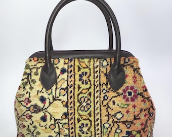 Vintage Turkish Kilim Carpet Bag: Handcrafted Leather Top Handle Purse