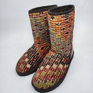 41EU(11US)Women leather Trim Half kilim Boots, Handwoven Kilim Boots, Rubber sole Kilim Boots, One of a Kind Kilim Boots, Comfy Boots