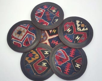 Set of 6 Vintage Kilim Coasters: Handcrafted Turkish Rug with Leather Trim