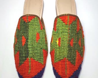 40 EU/ 10 US/ 8 UK Handcrafted Kilim Mules: Women's Vintage Rug Slippers